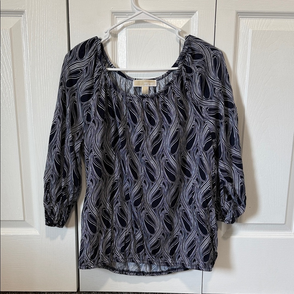 Michael Kors Navy Blue and White Patterned Blouse